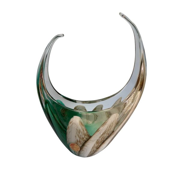 Murano Sommerso Art Glass Centerpiece Bowl Green White Glass 9.5x6.5 Inches - Picture 2 of 7